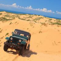 ai generiert Abenteuer im Vietnam Jeep Auto auf mui ne Sand Dünen zum Sozial Medien Post Größe foto