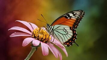 ai generiert Schmetterling ruht auf Regen eingeweicht Blume gegen farbig Hintergrund foto