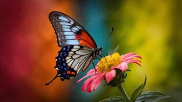 ai generiert Regen eingeweicht Schmetterling Sitzstangen auf Blume gegen farbig Hintergrund foto