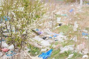 ökologisch Verschmutzung von Natur. Plastik Tasche verheddert im Pflanzen gegen das Hintergrund von das Berge. global Umwelt Verschmutzung. Recycling, Clearing das Land von Plastik Trümmer. foto