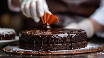 ai generiert Schokolade Kuchen mit Koch Hand Hintergrund foto