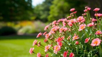 ai generiert Rahmen verschwommen Sommer- Garten Park Hintergrund mit Dianthus Blumen, Gartenarbeit foto