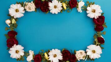 ai generiert Rahmen Türkis Blau Hintergrund oben Aussicht Rahmen zum Blumen- Komposition foto