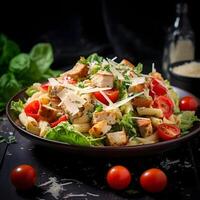 ai generiert hausgemacht Caesar Salat mit Dressing auf das Seite. lecker Caesar Salat mit Pasta auf Tisch. foto