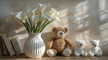 ai generiert Teddy Bär neben Vase von Blumen foto