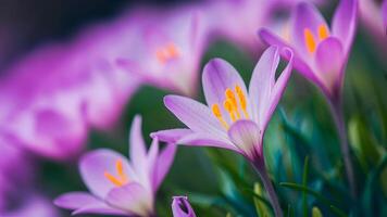 ai generiert verschwommen Hintergrund mit voll Fokus auf lila Blumen, Gelb Staubbeutel foto