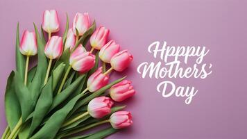 ai generiert Mütter Tag Gruß Karte mit Rosa Tulpen Strauß auf Hintergrund foto