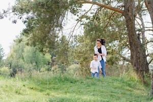 glücklich jung Mutter ist spielen mit ihr Baby im ein Park auf ein Grün Rasen. Glück und Harmonie von Familie Leben. großartig Familie Urlaub. gut Wochenende. Mütter Tag. Urlaub. das Konzept von ein glücklich Familie foto