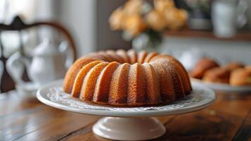 ai generiert Bundt Kuchen auf Weiß Kuchen Teller foto