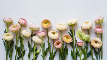 ai generiert Frühling Ranunkel Blumen vereinbart worden auf Weiß Hintergrund zum Attrappe, Lehrmodell, Simulation foto