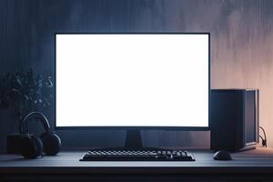 ai generiert Digital Einfachheit schwarz Computer auf ein Schreibtisch mit Weiß Bildschirm foto