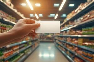 ai generiert zuerst Person Aussicht von ein Hand Angebot Anerkennung Karte beim Supermarkt foto