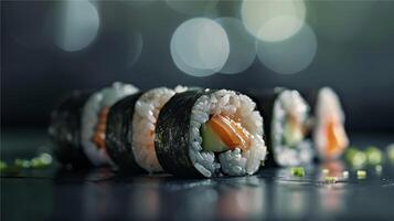 ai generiert Sushi Rollen auf dunkel Hintergrund. foto