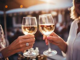 ai generiert Hände möglicherweise von Alten Frau Klirren Brille gefüllt mit Wein oder Champagner foto