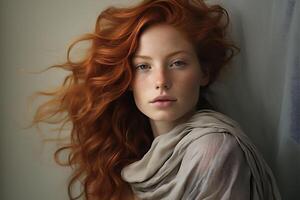ai generiert Porträt von sinnlich jung rot behaart Frau mit lange Ingwer lockig Haar. foto