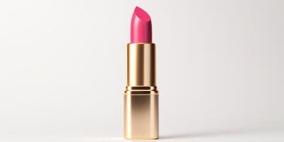 ai generiert ein beschwingt Rosa Lippenstift im ein golden Fall steht isoliert auf ein makellos Weiß Oberfläche, vermitteln Sauberkeit und Luxus, Schönheit Produkt Präsentation und Werbung. foto