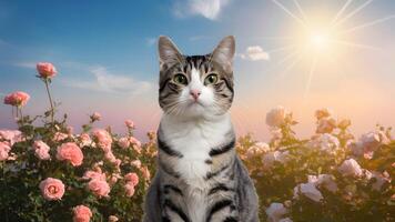 ai generiert Katze posieren gegen Blume Feld mit Rosen, glücklich sonnig foto