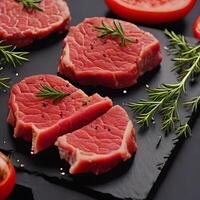 ai generiert roh Rindfleisch Steaks mit Rosmarin und Tomaten foto