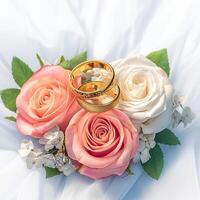 ai generiert symbolisch Liebe golden Hochzeit Ringe auf Weiß und rot Rosen zum Sozial Medien Post Größe foto