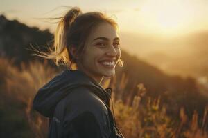 ai generiert Mädchen Gehen im das Berge. generativ ai foto