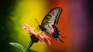 ai generiert Regen eingeweicht Schmetterling Sitzstangen auf Blume gegen farbig Hintergrund foto