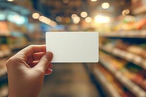ai generiert Hand präsentieren leer Anerkennung Karte gegen Lebensmittelgeschäft Geschäft Hintergrund foto