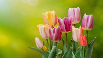 ai generiert Rahmen bunt Tulpe Blumen auf Frühling Hintergrund zum Mütter Tag foto