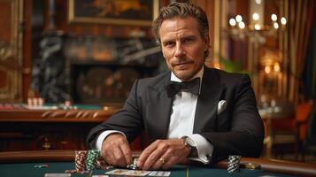 ai generiert Mann im Smoking Sitzung beim Poker Tabelle foto
