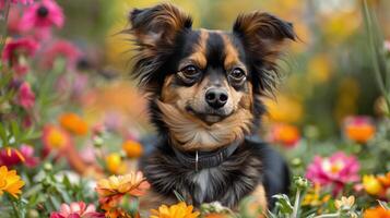 ai generiert klein Hund Sitzung im Feld von Blumen foto