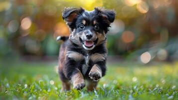 ai generiert klein Hund Laufen durch Feld von Gras foto
