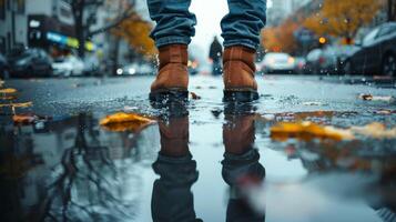 ai generiert Person Stehen auf nass Bürgersteig im Regen foto