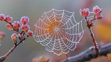 ai generiert Spinne Netz auf Blume foto
