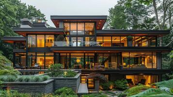 ai generiert groß modern Haus umgeben durch Wald foto