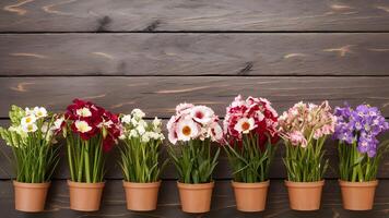 ai generiert Frühling Blumen im Töpfe vereinbart worden ordentlich auf hölzern Hintergrund foto