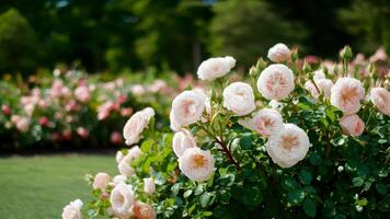 ai generiert Sommer- Garten Park Hintergrund mit Rosa blass Rosen Busch, Bokeh foto