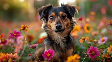 ai generiert klein Hund Sitzung im Feld von Blumen foto