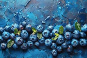 ai generiert Blaubeeren mit Grün Blätter auf ein Blau Hintergrund foto