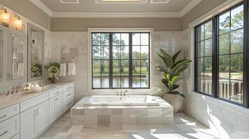 ai generiert luxuriös Badezimmer mit groß Wanne und Fenster foto