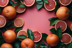 ai generiert Gruppe von Grapefruits mit Blätter auf Rosa Hintergrund foto