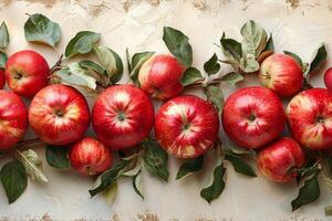 ai generiert Gruppe von frisch Äpfel mit Blätter foto