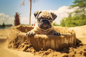 ai generiert neugierig Mops Hündchen im Sandkasten Hündchen. generieren ai foto