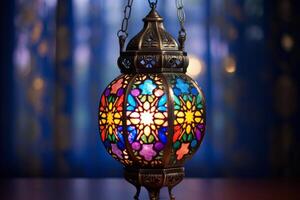 ai generiert spirituell Ramadan Urlaub. marokkanisch Zier Laterne foto