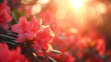 ai generiert schön hell Hintergrund von ein Sommer- Garten mit ein blühen rot Rhododendron Busch foto