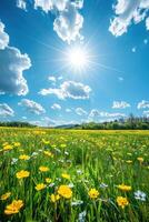 ai generiert ein schön Feld mit Blühen Raps beim sonnig Tag. Dort sind Raps Blumen unten und Grün Gras auf oben von das Sonne foto