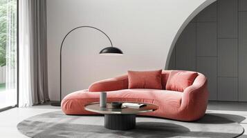 ai generiert modern minimalistisch hell Innere mit ein Rosa Sofa, ein schwarz Fußboden Lampe und ein Metall runden Kaffee Tabelle foto