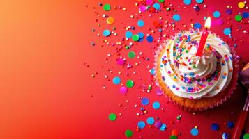 ai generiert Geburtstag minimalistisch lebendig Hintergrund mit Cupcake mit Kerze foto