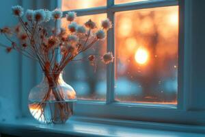 ai generiert ein Vase gefüllt mit flauschige getrocknet Blumen sitzt auf ein Fenster Schwelle foto