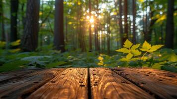 ai generiert leeren hölzern Tabelle mit Garten Hintergrund foto