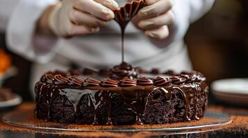 ai generiert Schokolade Kuchen mit Koch Hand Hintergrund foto