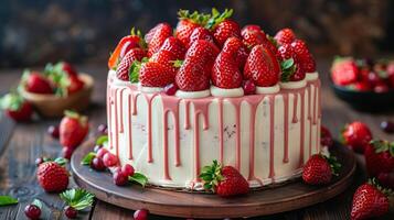 ai generiert Weiß Kuchen mit Erdbeere Belag Hintergrund foto